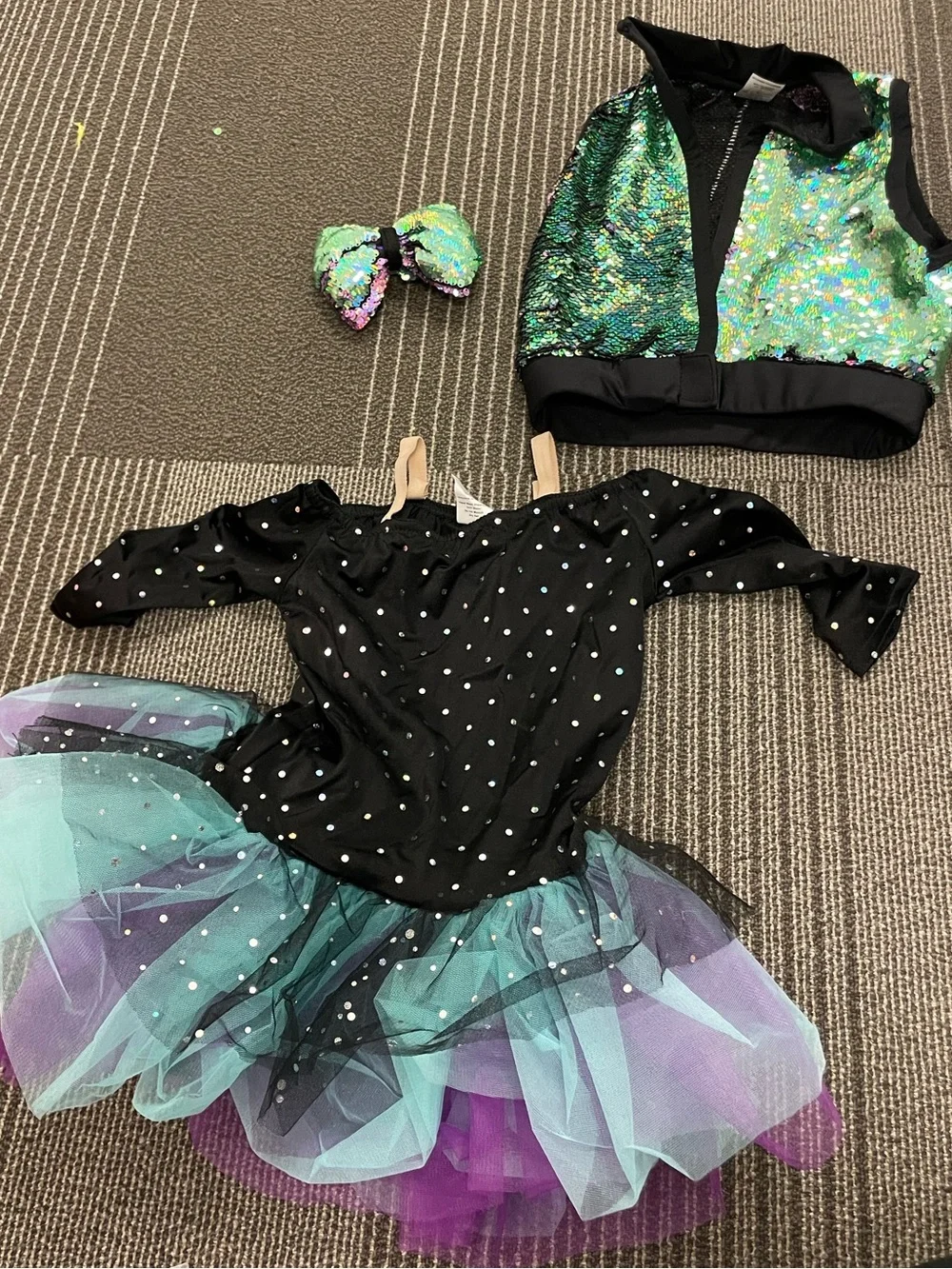 Black Sequin Tutu Dance Costume with Iridescent Green Sequin Vest